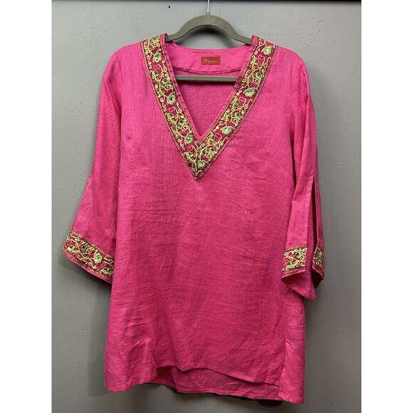 Vendeuse Linen V Neck Tunic Large Pink Embroidered Beaded Summer Cruise Resort - Picture 1 of 9